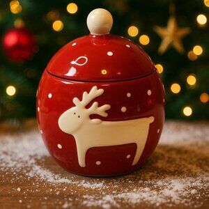 Thompson Ferrier Reindeer Christmas Holiday Ceramic Scented Candle Jar w/Lid
